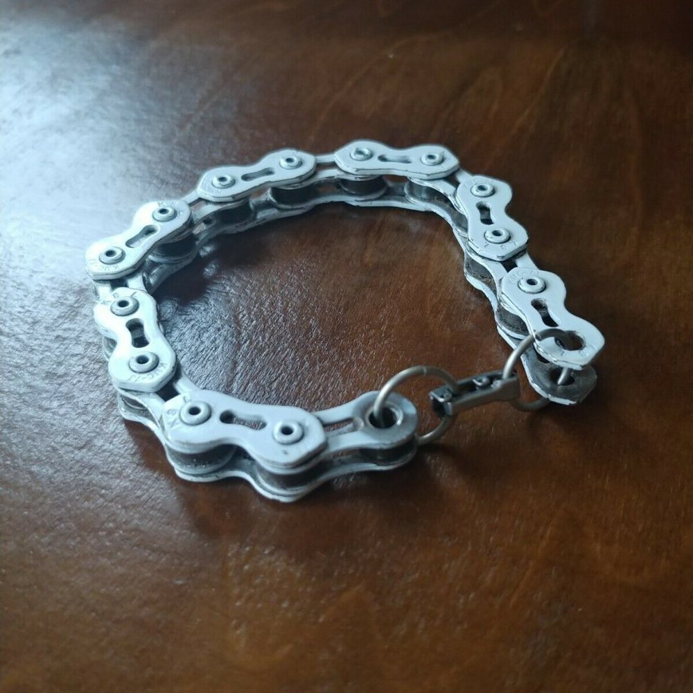 Vintage Handmade Upcycled Bike Chain Bracelet White Biker Style Unisex 8"